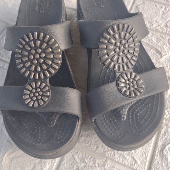 Crocs Womens Monterey Diamante Slide Wedge Sandals Size 11 Open Toe Floral Black - Picture 2 of 6